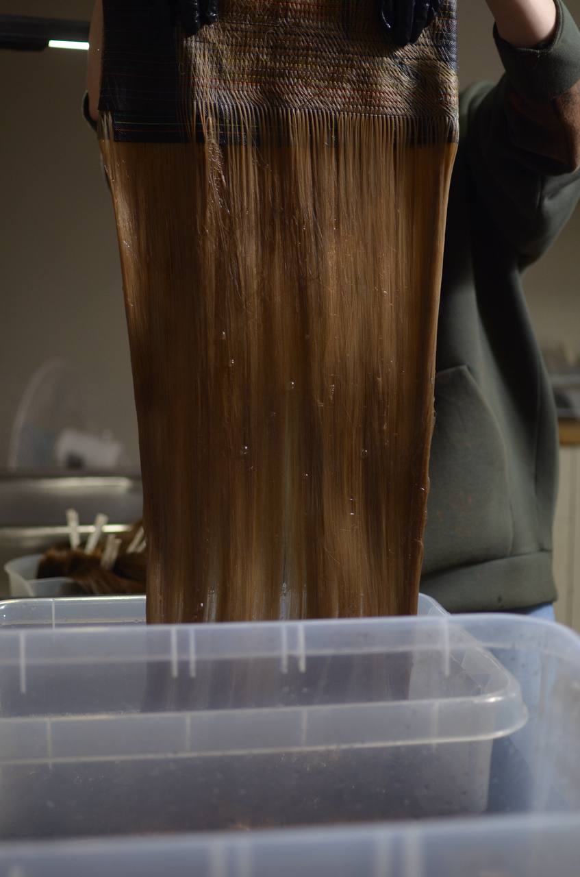 Color treatment — rich brown hair dripping after coloring